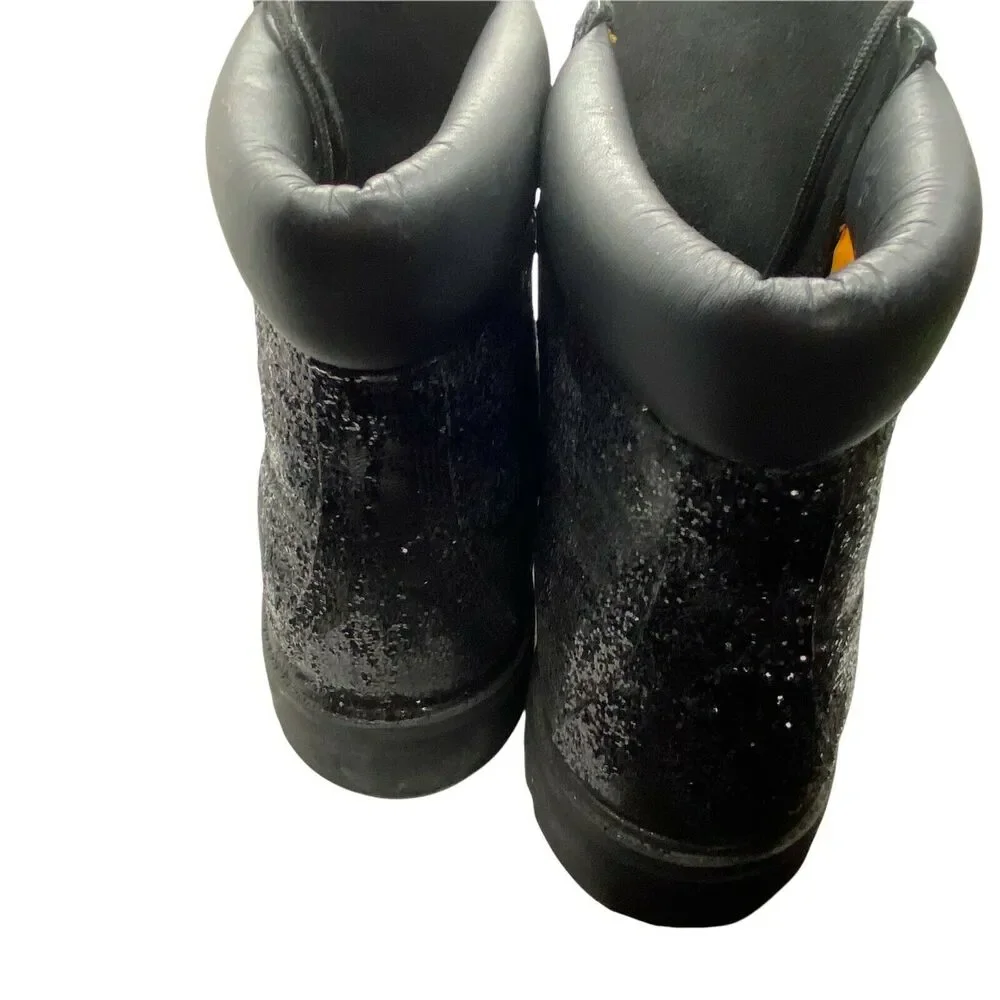 Timberland Men's Black Glitter Lace Up Ankle Block Heel Combat Boots size 15 W